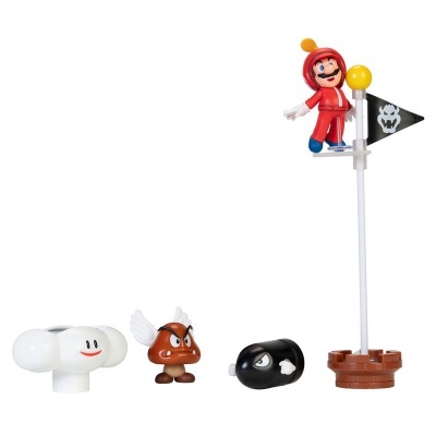 Figuras de brinquedo dos personagens Super Mario com nuvem, personagem Goomba, bala e figura Mario em mastro.