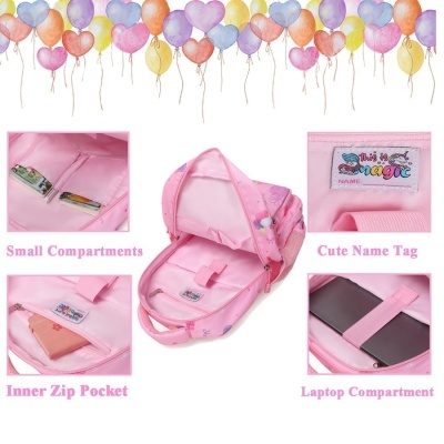 Mochila rosa infantil com vários compartimentos e etiqueta para nome