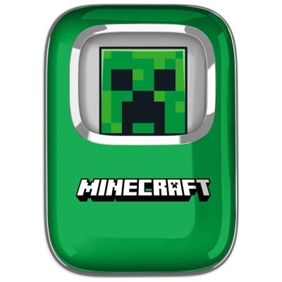 Produto verde quadrado com rosto pixelado do Creeper de Minecraft e texto MINECRAFT