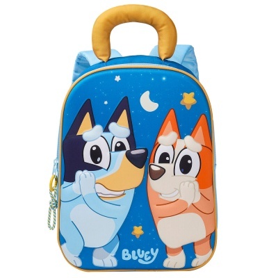 Mochila infantil azul com personagens Bluey e Bingo
