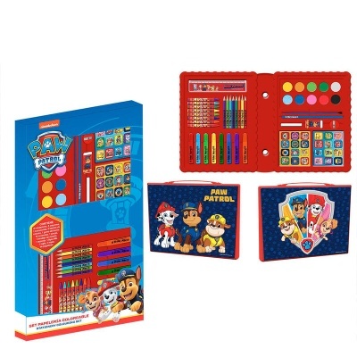 Conjunto de pintura Paw Patrol com lápis, canetas, aguarelas e estojo vermelho com personagens