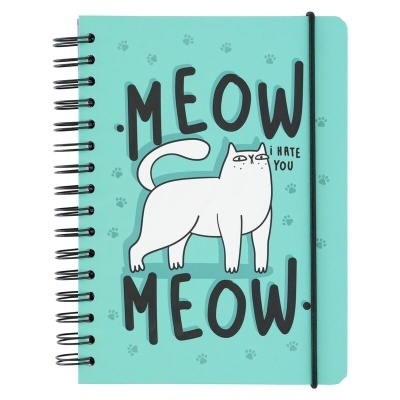 Caderno azul com gato e texto MEOW MEOW I HATE YOU