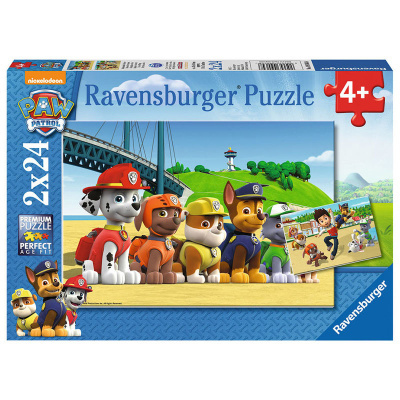 Caixa de puzzle Ravensburger com personagens Paw Patrol e paisagem ao fundo