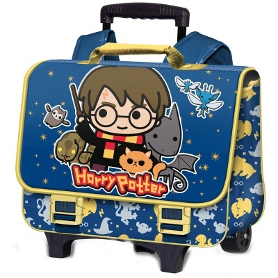 Mochila com rodas azul estampada com personagem Harry Potter cartoon e animais mágicos
