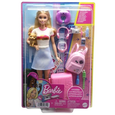 Conjunto Barbie com boneca loira e acessórios de viagem cor-de-rosa