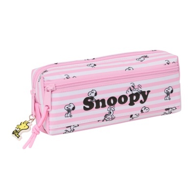 Estojo escolar rosa com padrão listrado e imagens do Snoopy