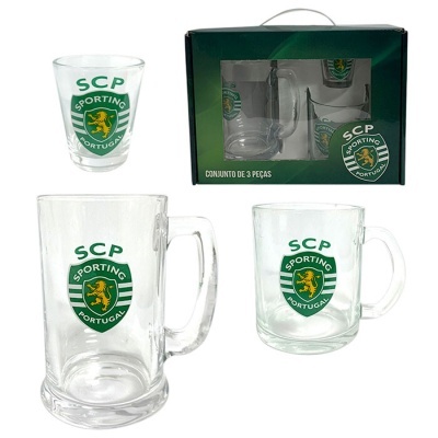 Conjunto de canecas e copo de vidro com logo do SCP Sporting Portugal em caixa verde
