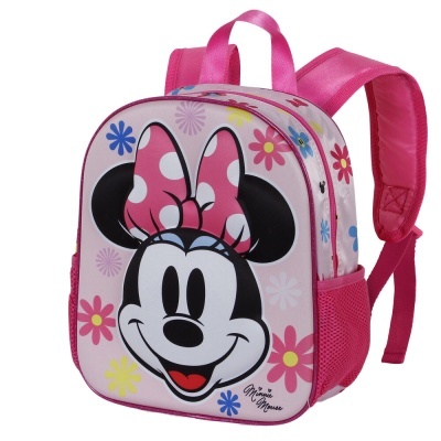 Mochila infantil rosa com estampa da Minnie Mouse e flores coloridas