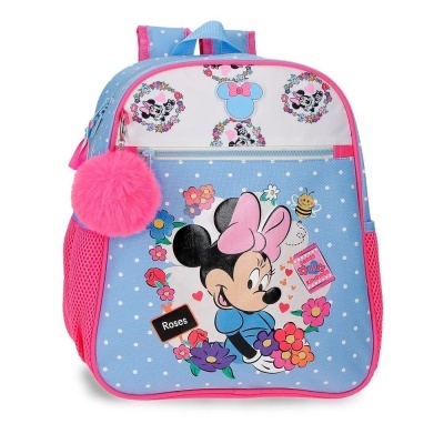 Mochila infantil azul com desenho da Minnie Mouse e detalhes cor-de-rosa