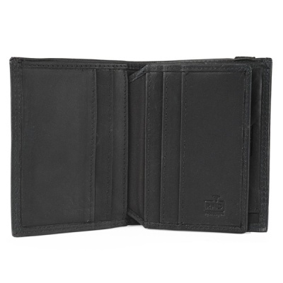 Carteira masculina em couro preto aberta mostrando compartimentos