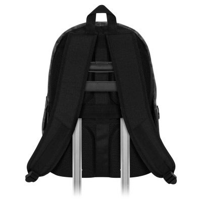 Mochila preta vista de costas com alças e suporte para carrinho