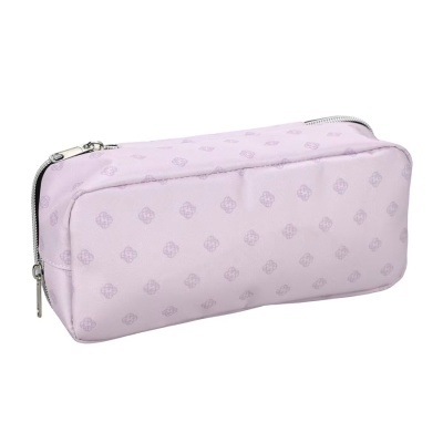 Estojo rosa claro com padrão geométrico roxo e fecho zip prateado