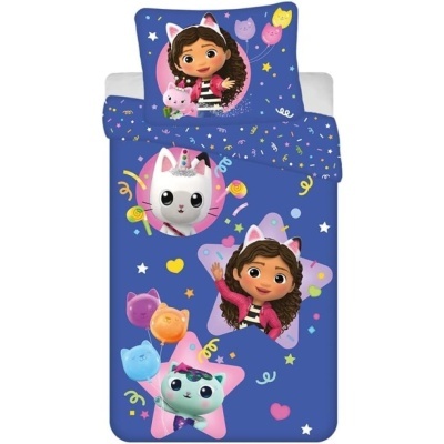 Roupas de cama infantis azuis com personagens animadas e animais coloridos.