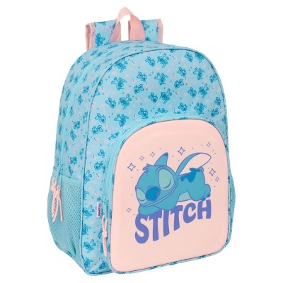 Mochila azul e rosa com personagem Stitch e texto STITCH