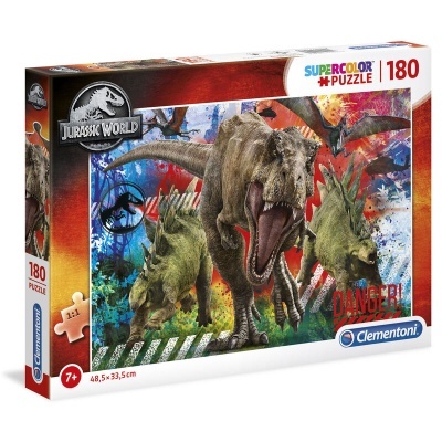 Caixa de puzzle Jurassic World com 180 peças, imagens de dinossauros e marca Clementoni