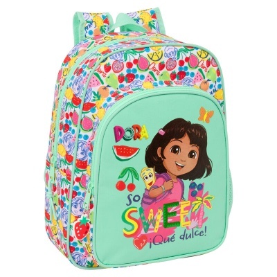 Mochila infantil com desenho da Dora e padrão de frutas coloridas