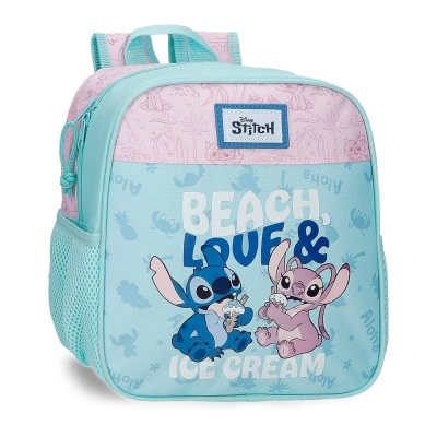 Mochila infantil azul e rosa com personagens Stitch e Angel da Disney e texto colorido