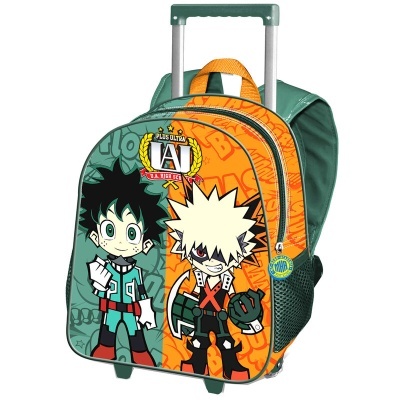 Mochila de rodinhas verde e laranja com personagens de anime estampados