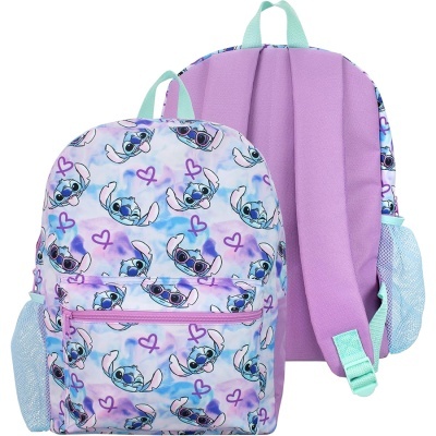 Mochila com padrão Stitch azul, lilás e roxo e bolsos laterais em rede azul claro