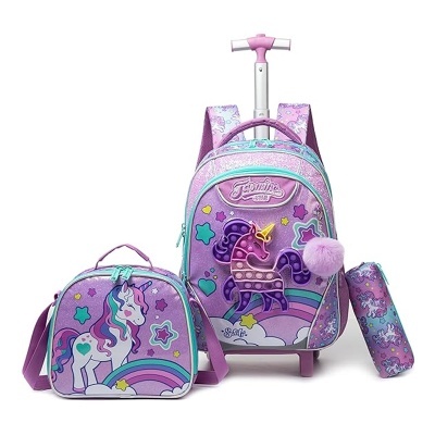 Conjunto lilás de mochila de rodinhas, bolsa e estojo com unicórnios e arco-íris