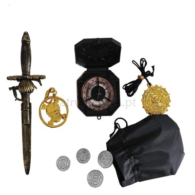 Conjunto de acessórios de pirata com adaga, bússola, medalhas e moedas