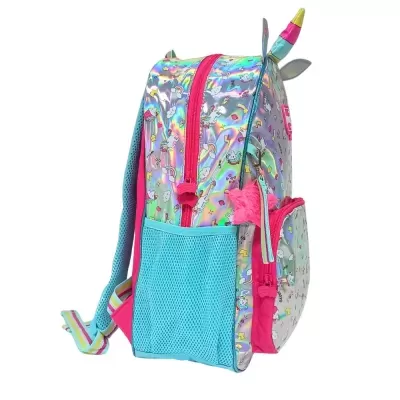 mochila infantil holográfica com chifre de unicórnio e bolso azul