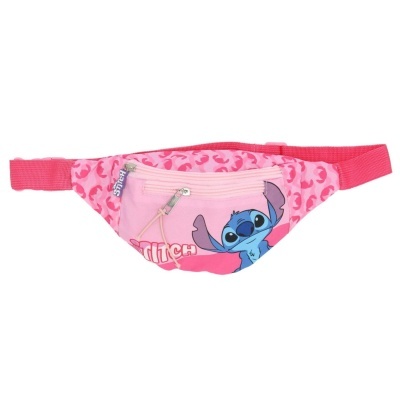Pochete rosa com estampa do personagem Stitch e correia ajustável rosa.