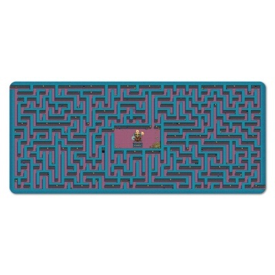 Tapete rectangular com padrão de labirinto em rosa e azul turquesa com boneco pixelizado no centro.