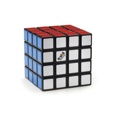 Cubo mágico 4x4 com peças coloridas em azul, vermelho e branco