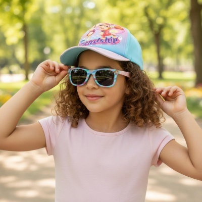 Criança com boné e óculos de sol coloridos no parque