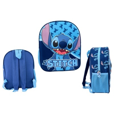 Mochila infantil azul com personagem Stitch e texto STITCH