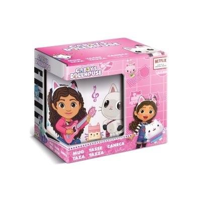 Caixa rosa de caneca de 'Gabby's Dollhouse' com personagens desenhados