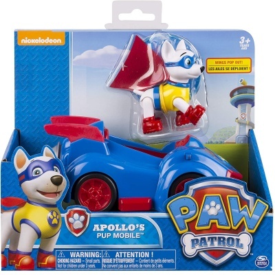 Brinquedo PAW Patrol com figura do cão Apollo e carro azul em embalagem colorida