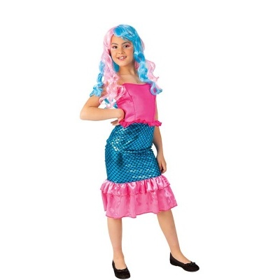 Fato de sereia para criança azul e rosa com peruca colorida