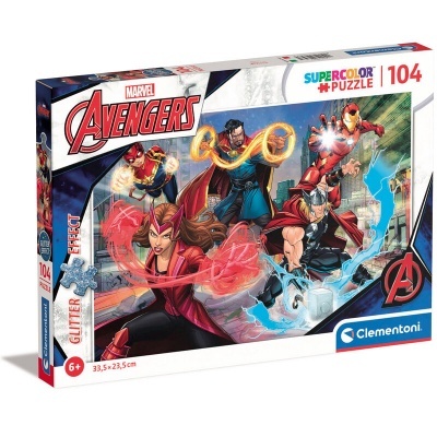 Caixa de puzzle Marvel Avengers com 104 peças coloridas e personagens dos Avengers em ação