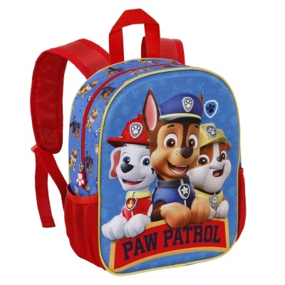 Mochila infantil Paw Patrol azul e vermelha com personagens e texto PAW PATROL