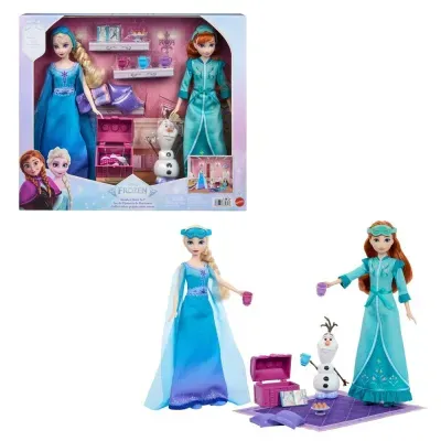 Conjunto Disney Frozen com duas bonecas, figura Olaf, acessórios e embalagem