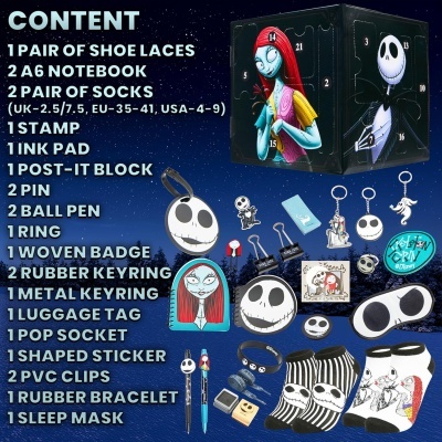 Conjunto temático com vários acessórios e artigos de papelaria em caixa preta com imagens coloridas de personagens.