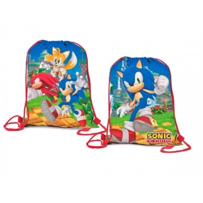 Dois sacos desportivos com cordões vermelhos e imagens do Sonic e amigos
