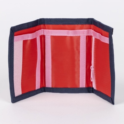 Carteira de tecido aberta com cores vermelho, preto e rosa