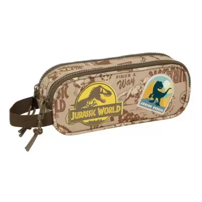 Estojo Jurassic World bege com estampado de dinossauros e logótipos