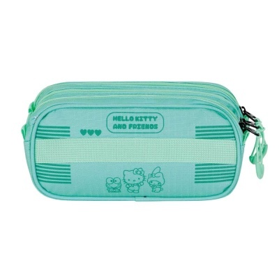 Estojo escolar verde água com personagens Hello Kitty e amigos