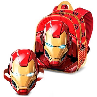 Mochila e lancheira Homem de Ferro vermelho e amarelo com olhos azuis