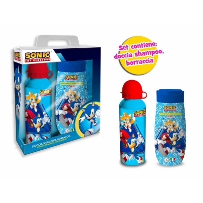 Conjunto Sonic com frasco e garrafa em embalagem azul com personagens do Sonic