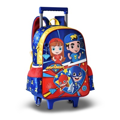 Mochila de criança azul, vermelha e amarela com rodinhas e personagens de desenho animado