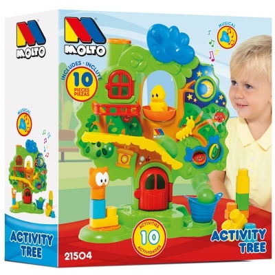 Brinquedo Molto Activity Tree colorido de plástico com 10 peças e criança loira