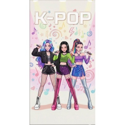Ilustração digital de três cantoras pop femininas K-POP coloridas com microfones