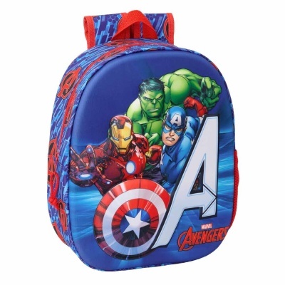 Mochila azul com estampa dos Avengers da Marvel e detalhes vermelhos.