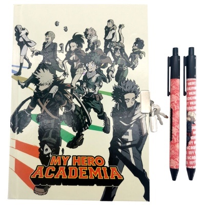Agenda My Hero Academia com capa ilustrada e duas canetas