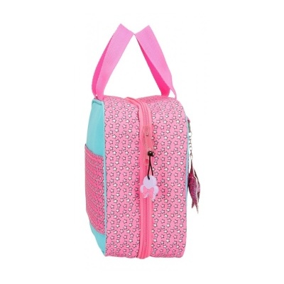 Mala pequena rosa com flores e detalhes azul-turquesa e rosa